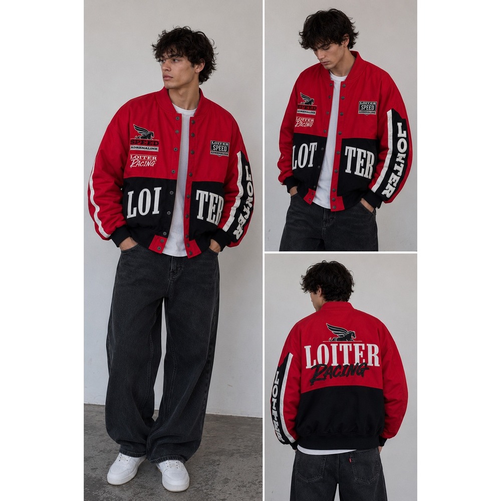 Loiter Racing Jacket Red Black‎ Moto Streetwear Bomber Jacket Size M Y2K
